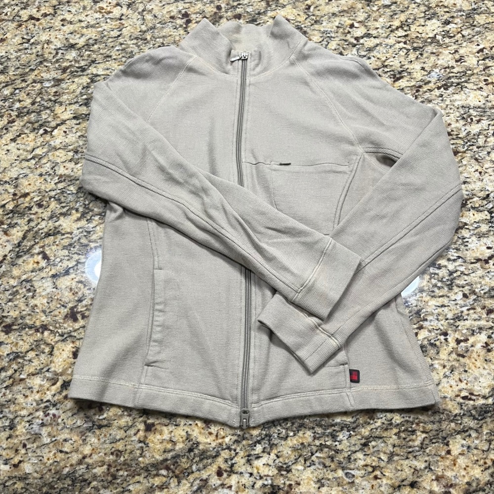 Woolrich Womens Tan Beige Waffle Knit Full Zip Mock Neck Jacket Size M Pockets